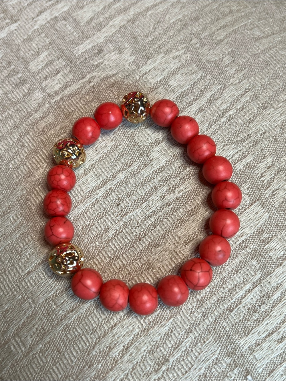 Coral & Gold Beaded Stretch Bracelet